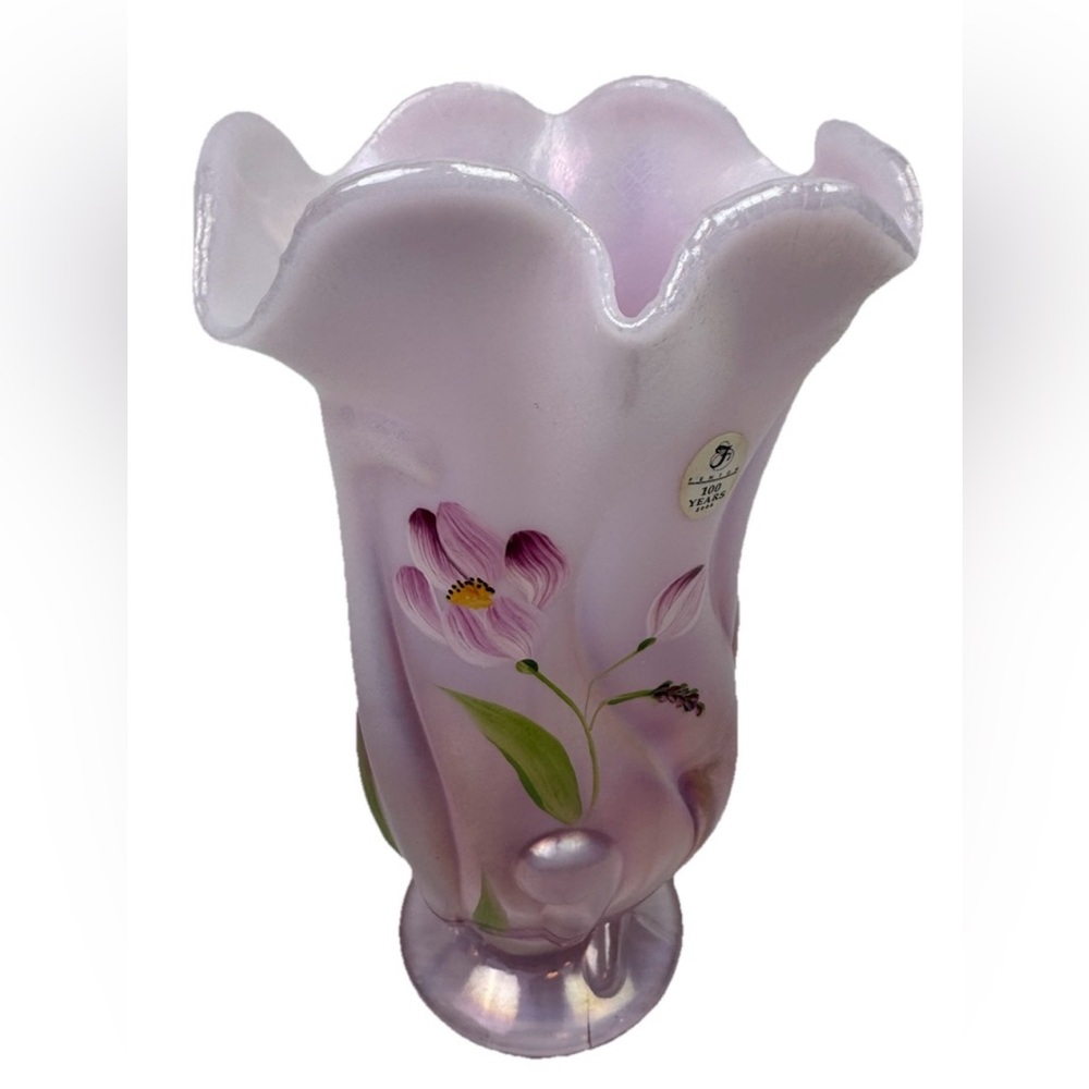 Fenton 100th Anniversary Rosalene Iridized Crocus Vase Signed Cindy Peyton 9”VTG